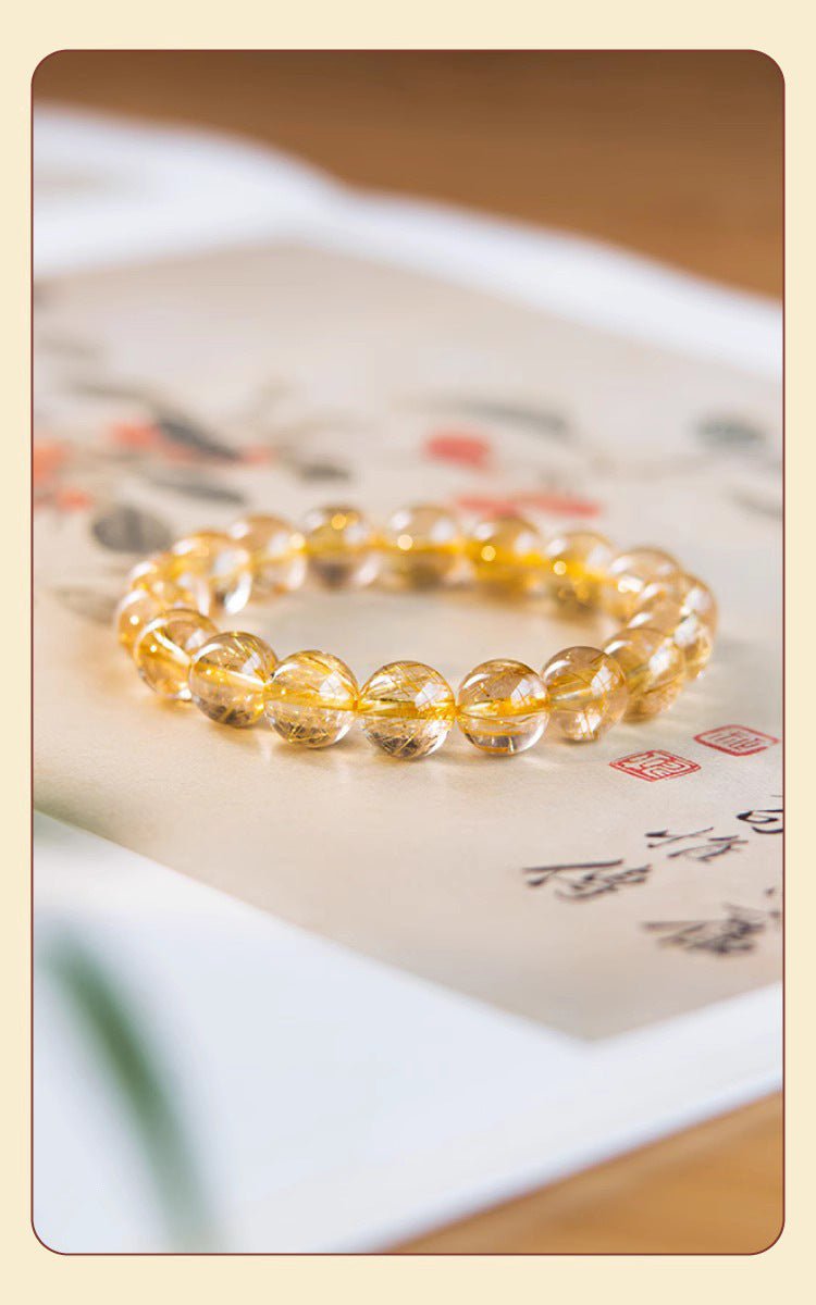 Golden Rutilated Quartz Bracelet Natural Brazilian Premium Yellow Crystal Raw Stone Good Luck Bracelet Fortune Beads Yellow Agate - CN Heal Vibe