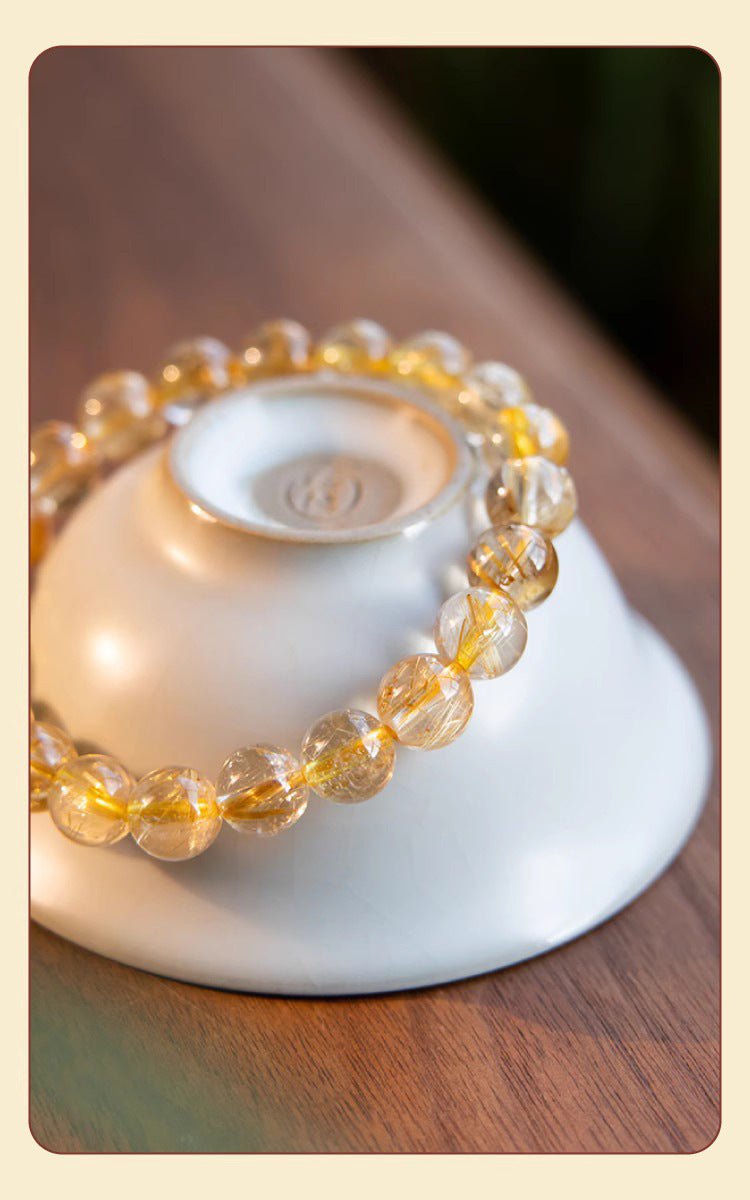 Golden Rutilated Quartz Bracelet Natural Brazilian Premium Yellow Crystal Raw Stone Good Luck Bracelet Fortune Beads Yellow Agate - CN Heal Vibe