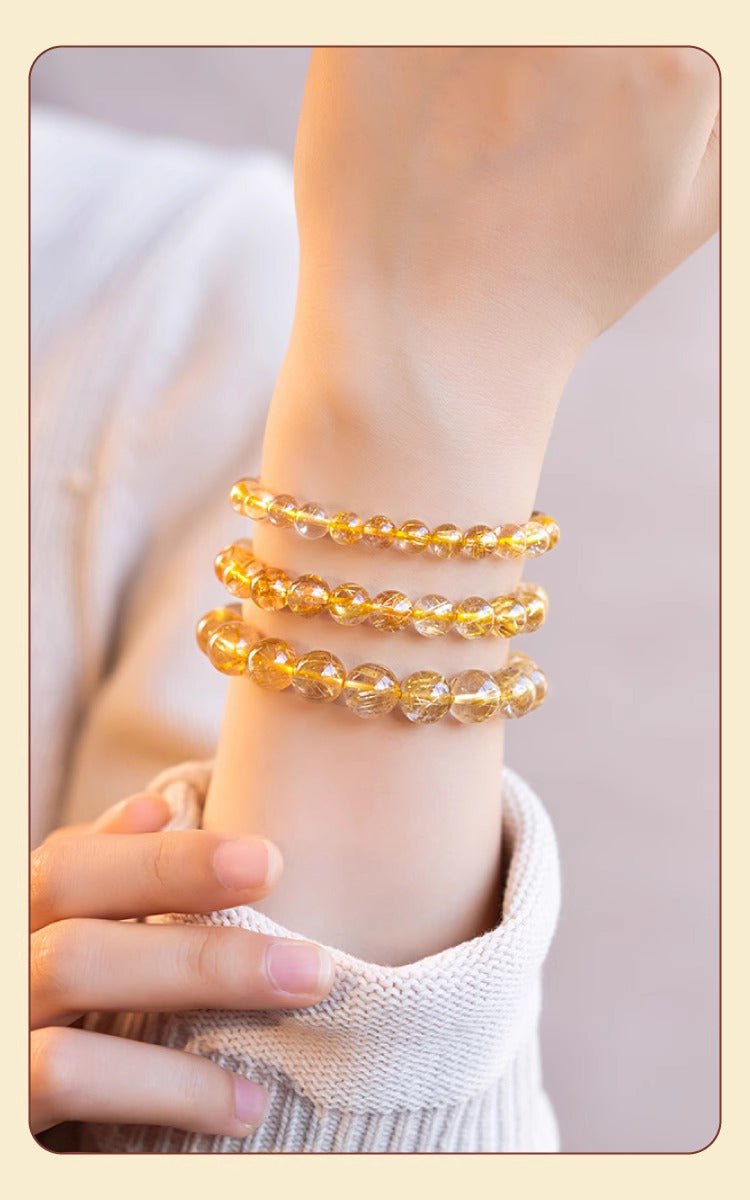 Golden Rutilated Quartz Bracelet Natural Brazilian Premium Yellow Crystal Raw Stone Good Luck Bracelet Fortune Beads Yellow Agate - CN Heal Vibe
