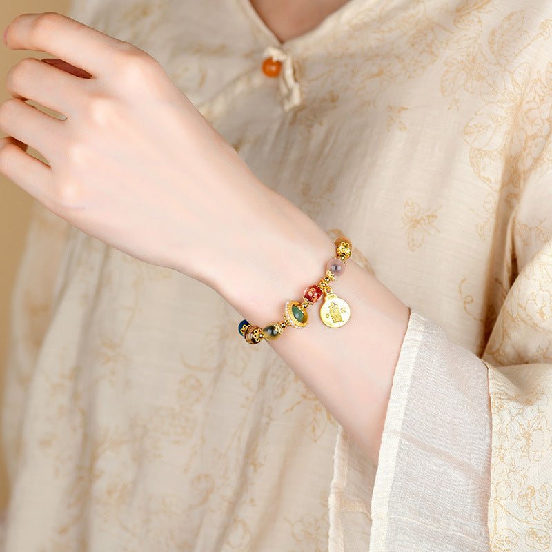 Half Sugar Heart Agate Multi - Gem Five - Color Gold Foil Glass Bracelet - CN Heal Vibe