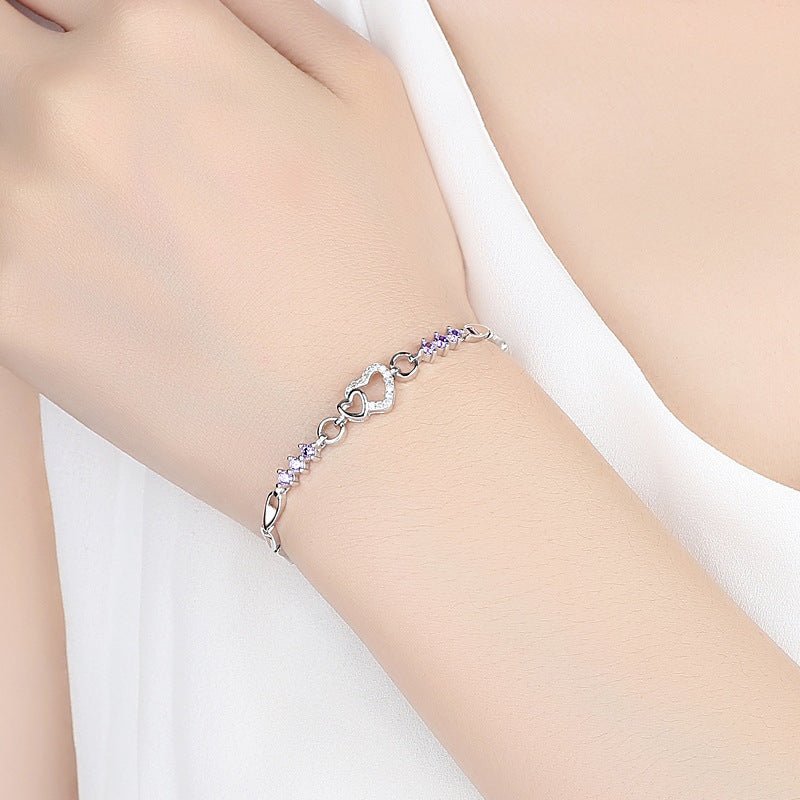Heart Shaped Amethyst Silver Plated Bracelet with CZ Stones Women's Jewelry Zircon Love Bracelet Valentine's Day Gift - CN Heal Vibe