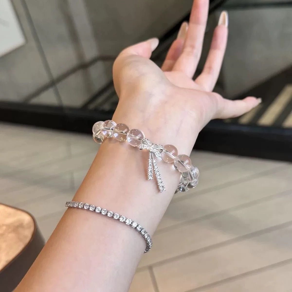 Light Luxury Ice Transparent White Crystal Micro Inlaid Bow Ribbon Bracelet for Women, Cool and Delicate Fairy Beaded Jewelry - CN Heal Vibe