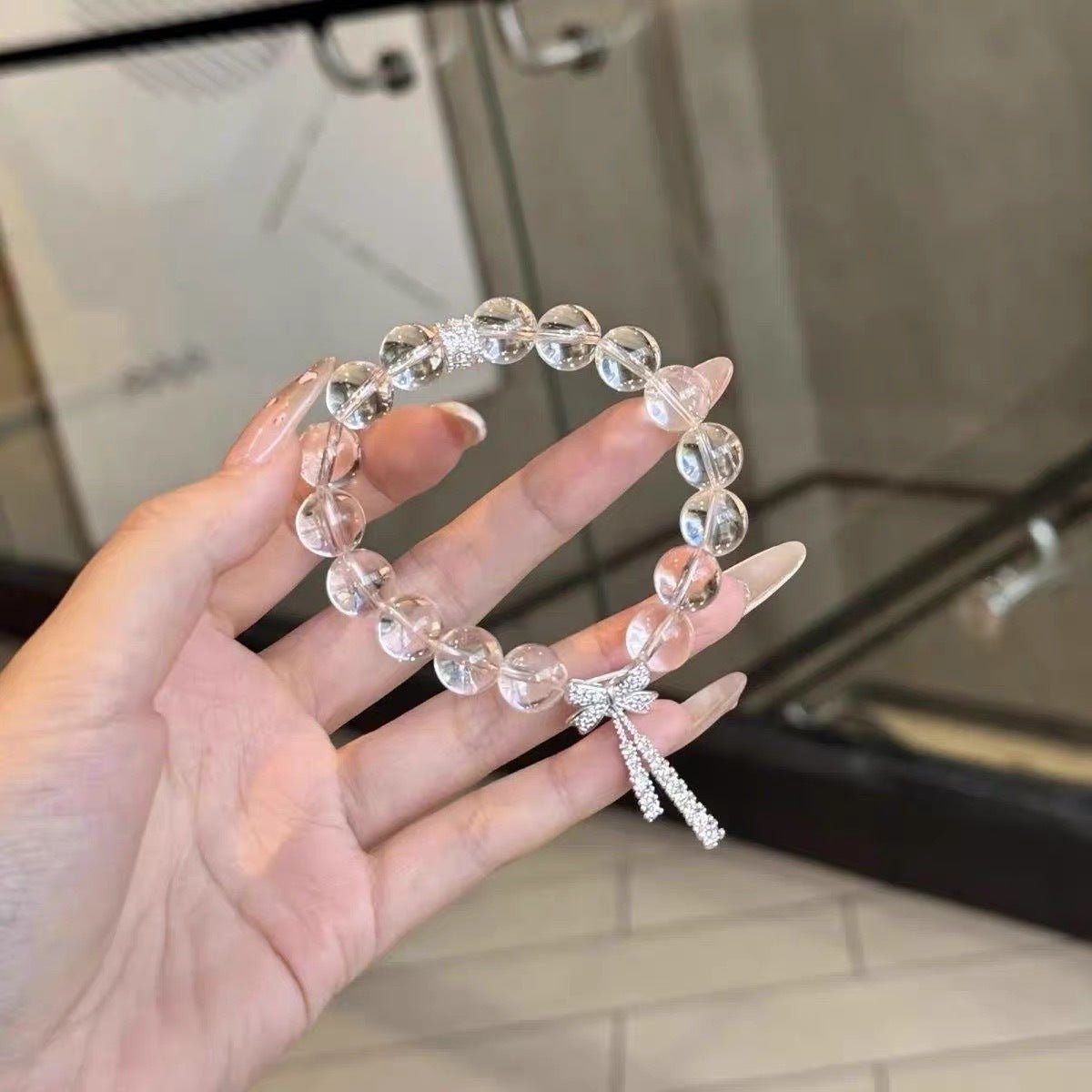 Light Luxury Ice Transparent White Crystal Micro Inlaid Bow Ribbon Bracelet for Women, Cool and Delicate Fairy Beaded Jewelry - CN Heal Vibe