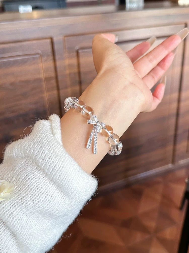 Light Luxury Ice Transparent White Crystal Micro Inlaid Bow Ribbon Bracelet for Women, Cool and Delicate Fairy Beaded Jewelry - CN Heal Vibe