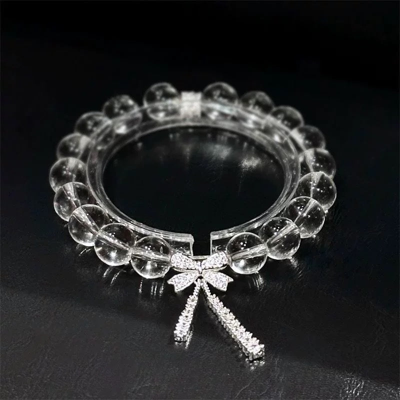 Light Luxury Ice Transparent White Crystal Micro Inlaid Bow Ribbon Bracelet for Women, Cool and Delicate Fairy Beaded Jewelry - CN Heal Vibe
