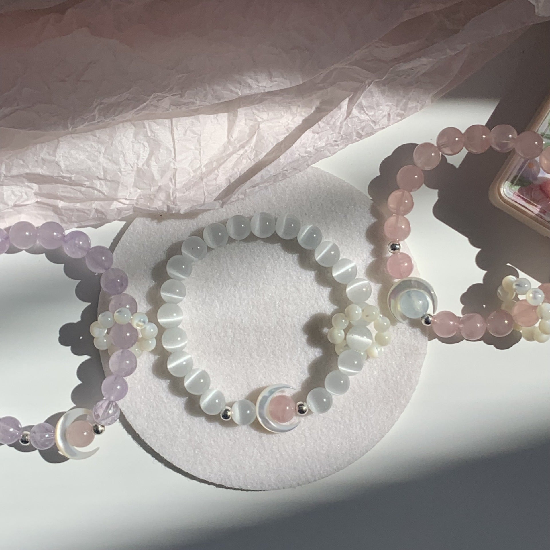 Moon&You Natural Pink Quartz Cat's Eye Stone Blue Topaz Amethyst Bracelet Women's Beaded Charm Jewelry Gift - CN Heal Vibe