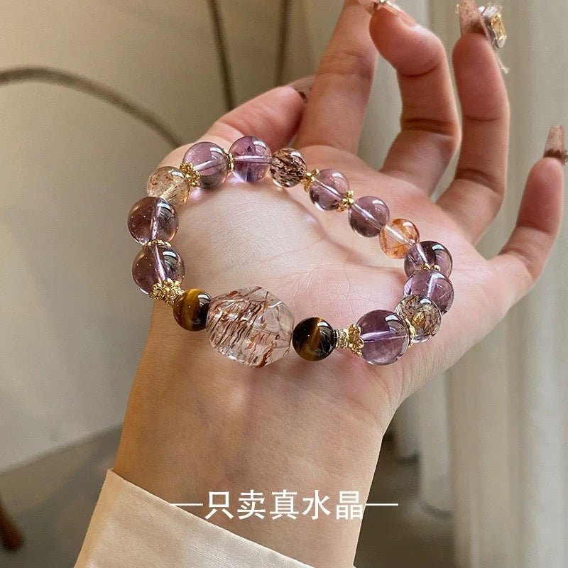 Natural Amethyst Bracelet for Women 7 Chakra Healing Stones Tiger Eye Hematite Gold Rutilated Super Seven Beaded Stretch Bracelet for Luck Wealth Protection Gift - CN Heal Vibe
