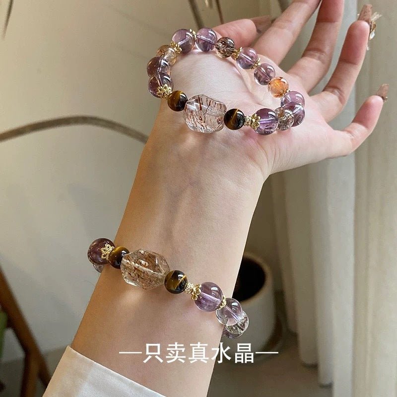 Natural Amethyst Bracelet for Women 7 Chakra Healing Stones Tiger Eye Hematite Gold Rutilated Super Seven Beaded Stretch Bracelet for Luck Wealth Protection Gift - CN Heal Vibe