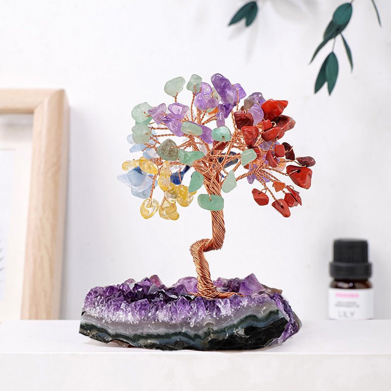 Natural Amethyst Cluster Money Tree Ornament with Amethyst Chips and Crystal Stone Base for Home Office Decoration Feng Shui Wealth Luck - CN Heal Vibe