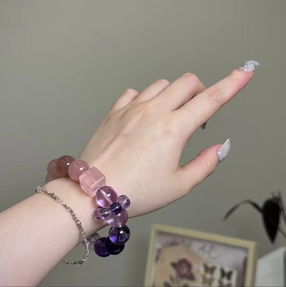 Natural Amethyst Gradient Rose Quartz Clear Crystal Beaded Bracelet Women's Light Luxury Jewelry Stackable Beaded Bracelets for Girls Gift - CN Heal Vibe