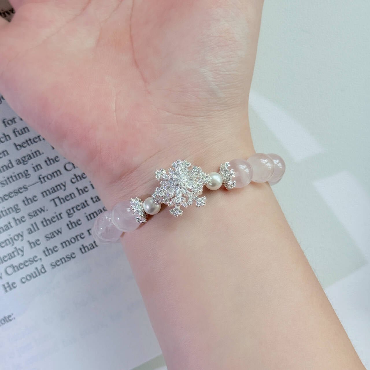 Natural Pink Crystal Bracelet for Women with Rotating Snowflake Beads, High - End Pink Crystal Bracelet Jewelry - CN Heal Vibe
