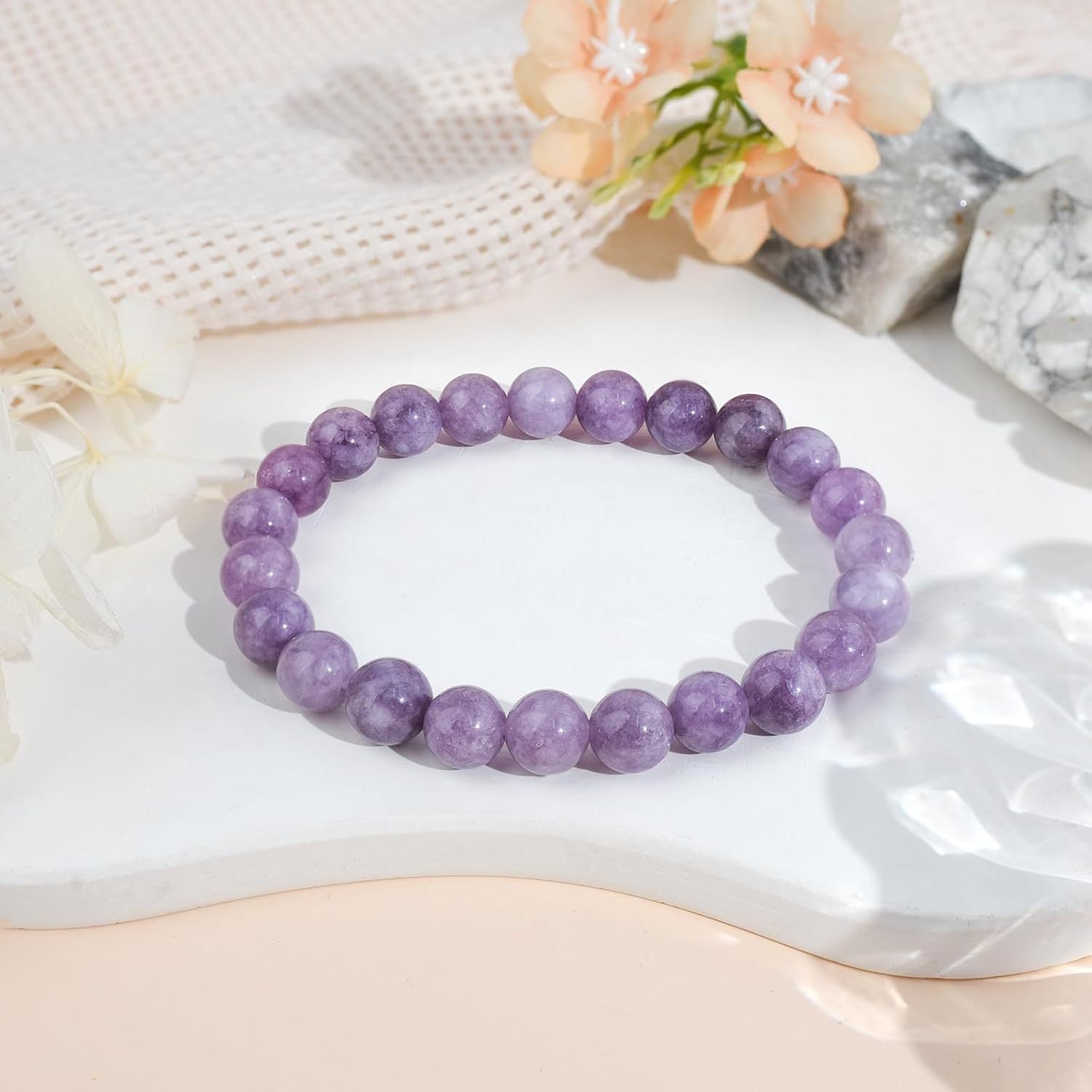 Natural Stone Bracelet Elastic Cord Beaded Purple Jade Stone Strawberry Crystal Agate Handmade Beaded Bracelet - CN Heal Vibe