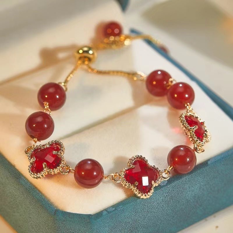 Natural Strawberry Crystal Four - leaf Clover Crystal Bracelet - CN Heal Vibe