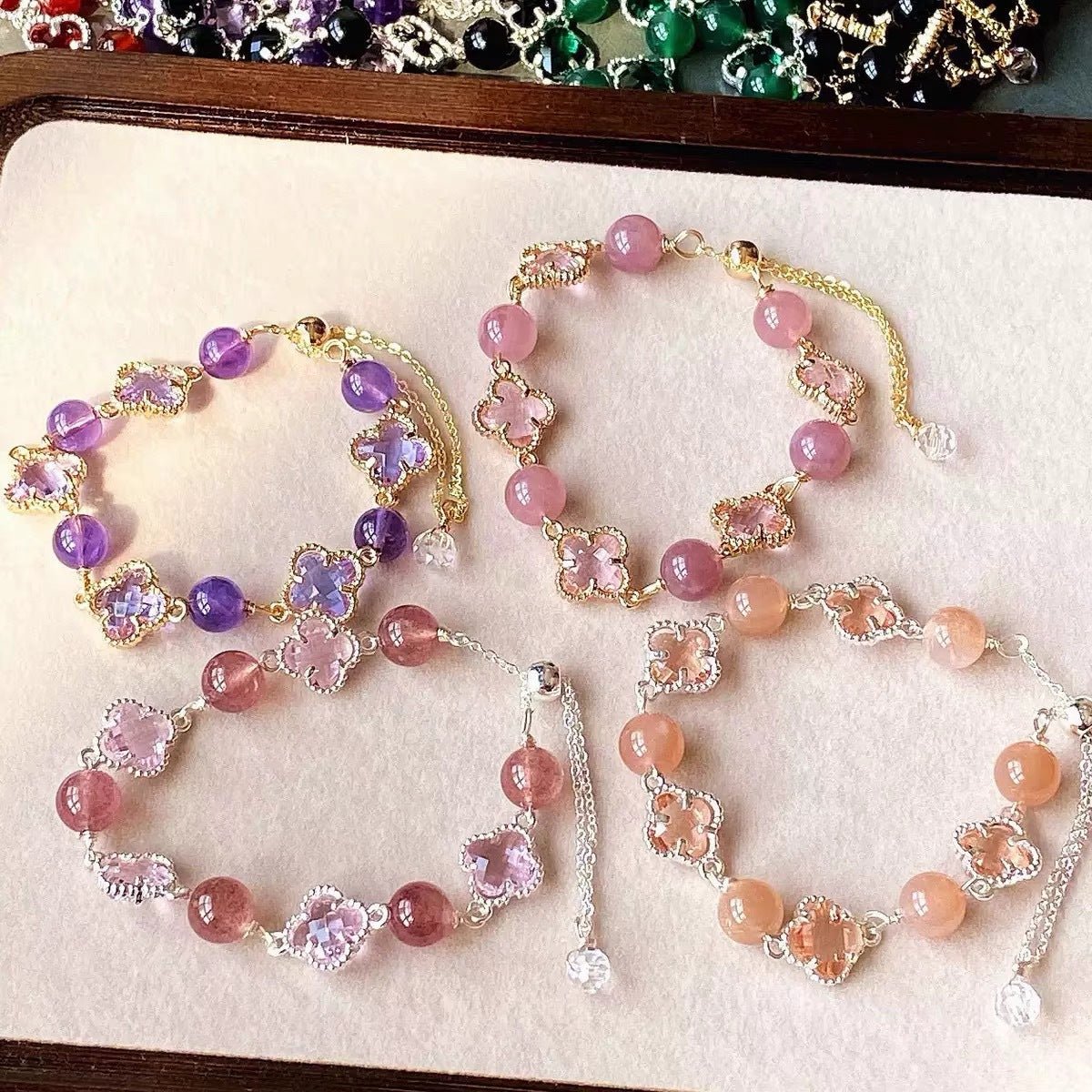 Natural Strawberry Crystal Four - leaf Clover Crystal Bracelet - CN Heal Vibe