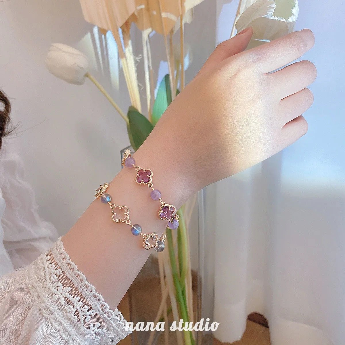 Natural Strawberry Crystal Four - leaf Clover Crystal Bracelet - CN Heal Vibe