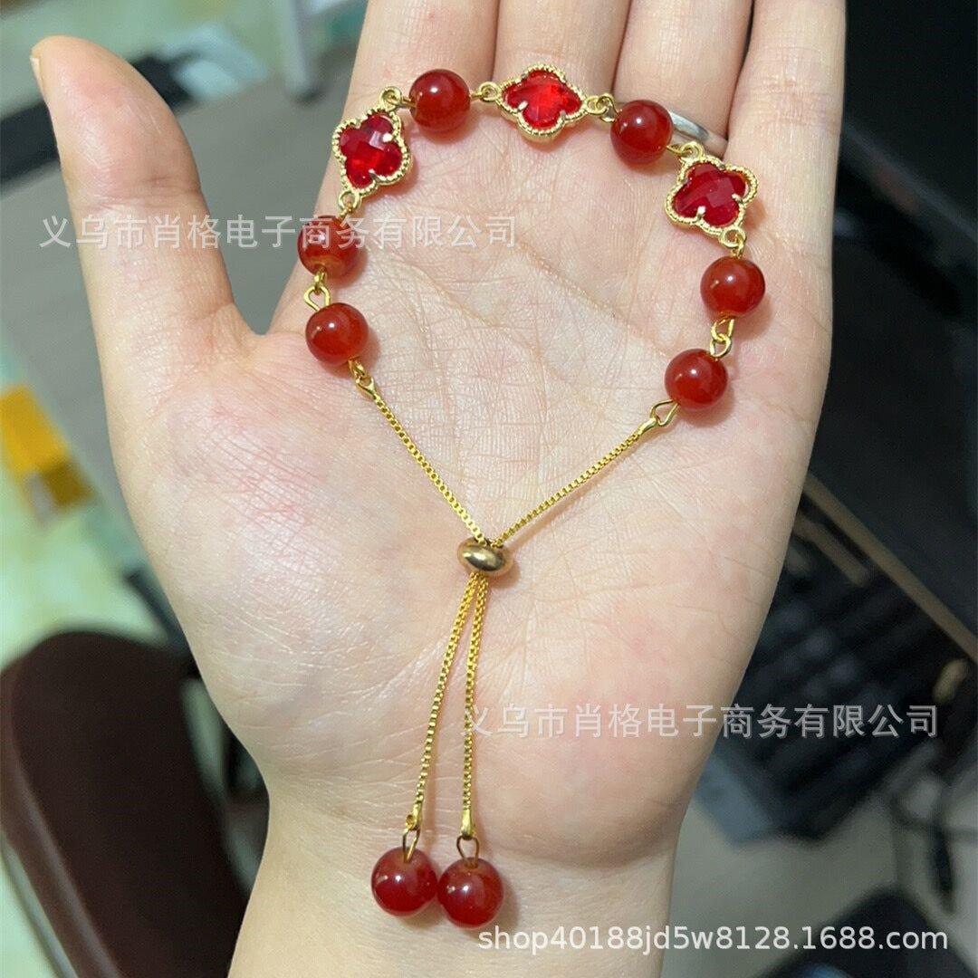 Natural Strawberry Crystal Four - leaf Clover Crystal Bracelet - CN Heal Vibe