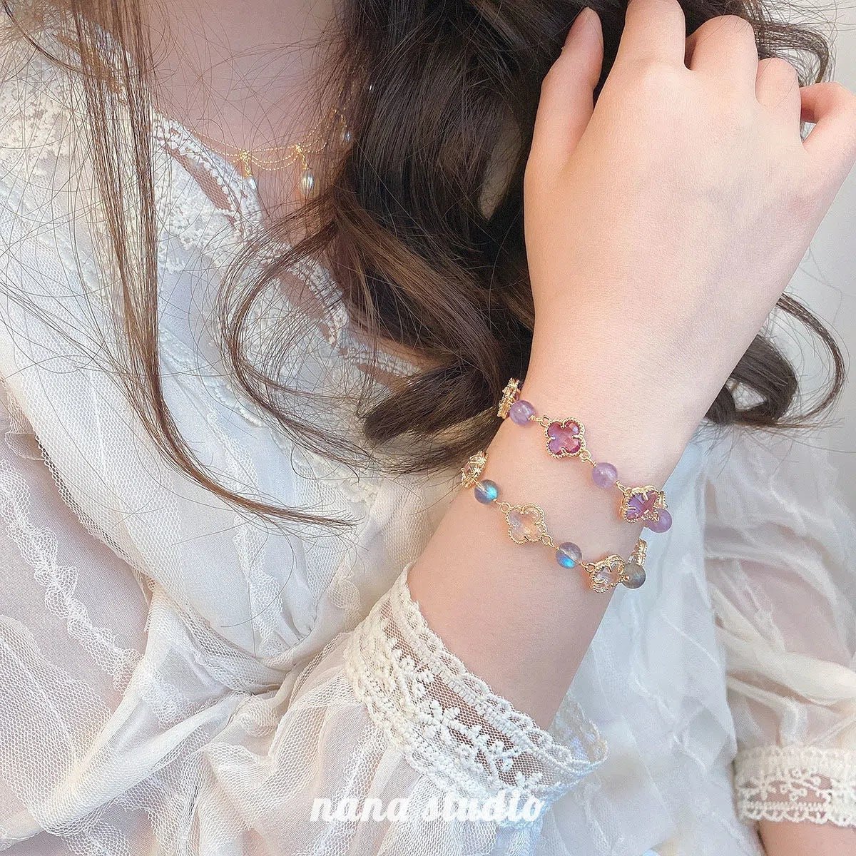 Natural Strawberry Crystal Four - leaf Clover Crystal Bracelet - CN Heal Vibe