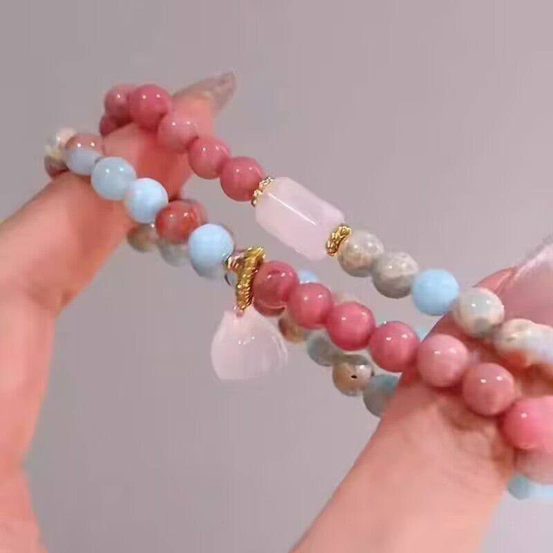 New Chinese Style Shoushan Stone Bracelet Red Vein Stone Pink Quartz Lotus Women's Jewelry Layered Wear Light Luxury Beads - CN Heal Vibe