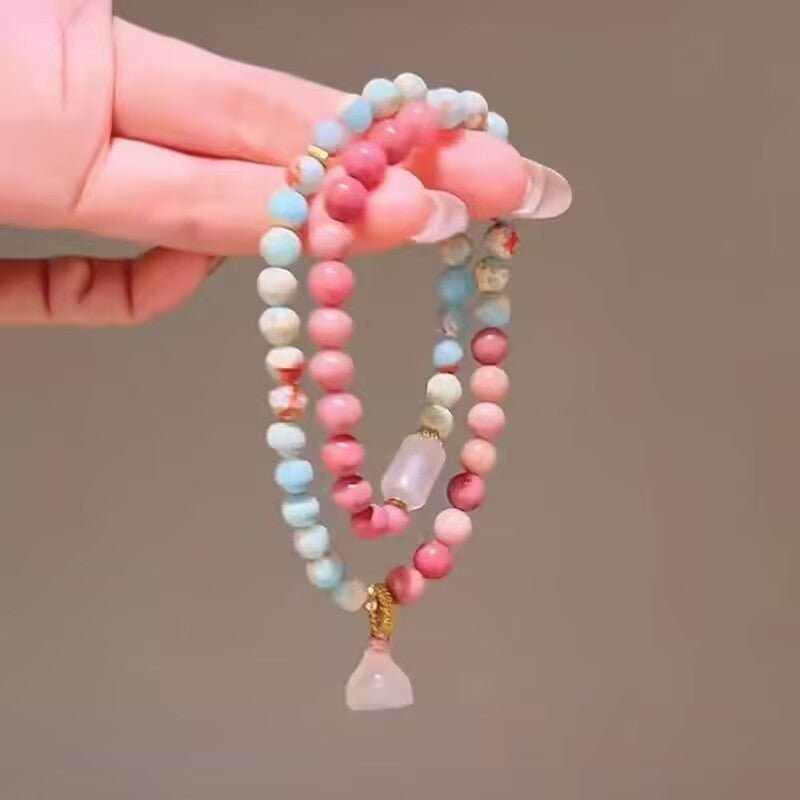New Chinese Style Shoushan Stone Bracelet Red Vein Stone Pink Quartz Lotus Women's Jewelry Layered Wear Light Luxury Beads - CN Heal Vibe