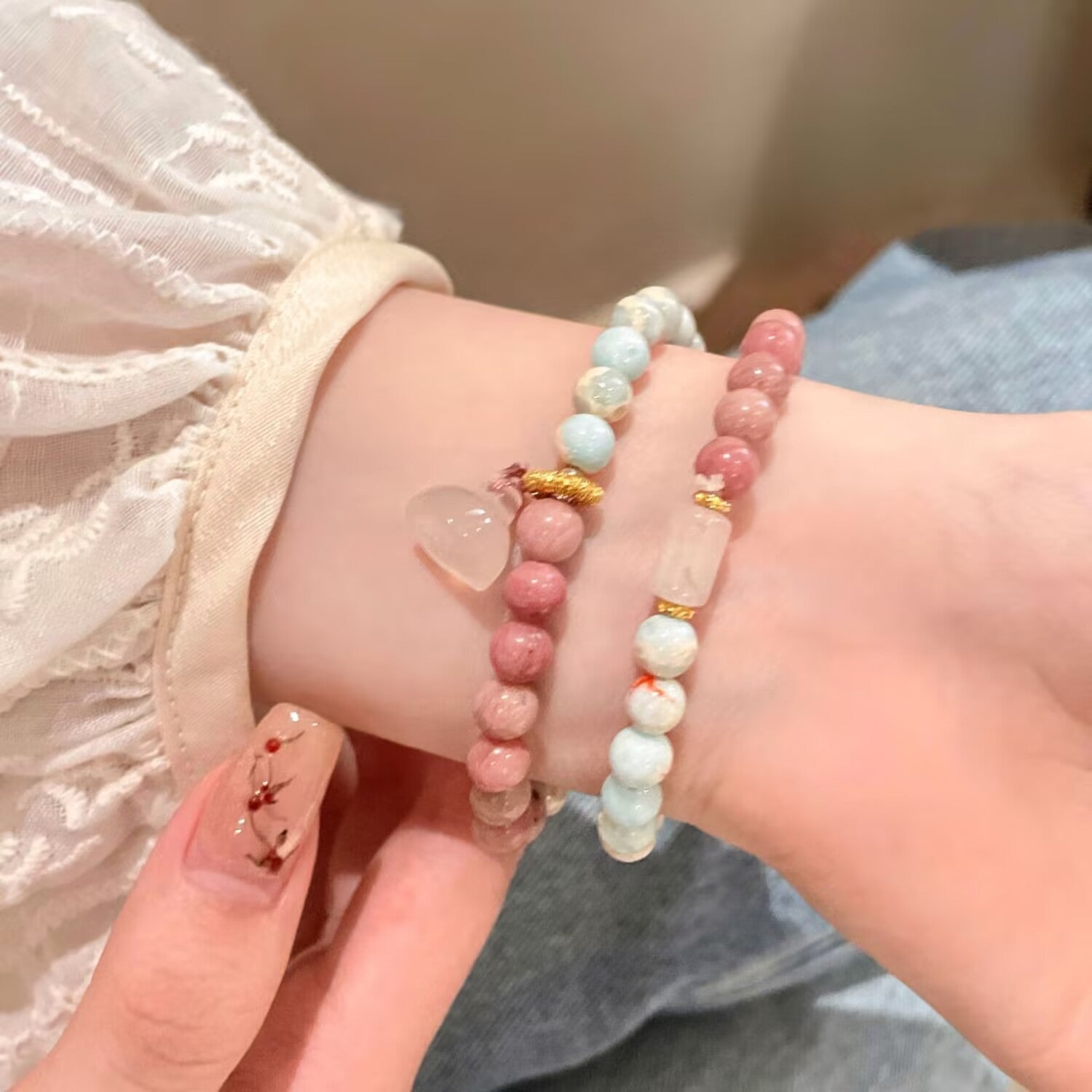 New Chinese Style Shoushan Stone Bracelet Red Vein Stone Pink Quartz Lotus Women's Jewelry Layered Wear Light Luxury Beads - CN Heal Vibe