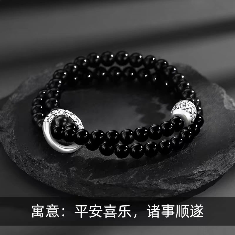 Pure Silver Qingyun Soaring Lucky Cloud Peace Buckle Double Layer Obsidian Trendy Cool High - End Bracelet - CN Heal Vibe