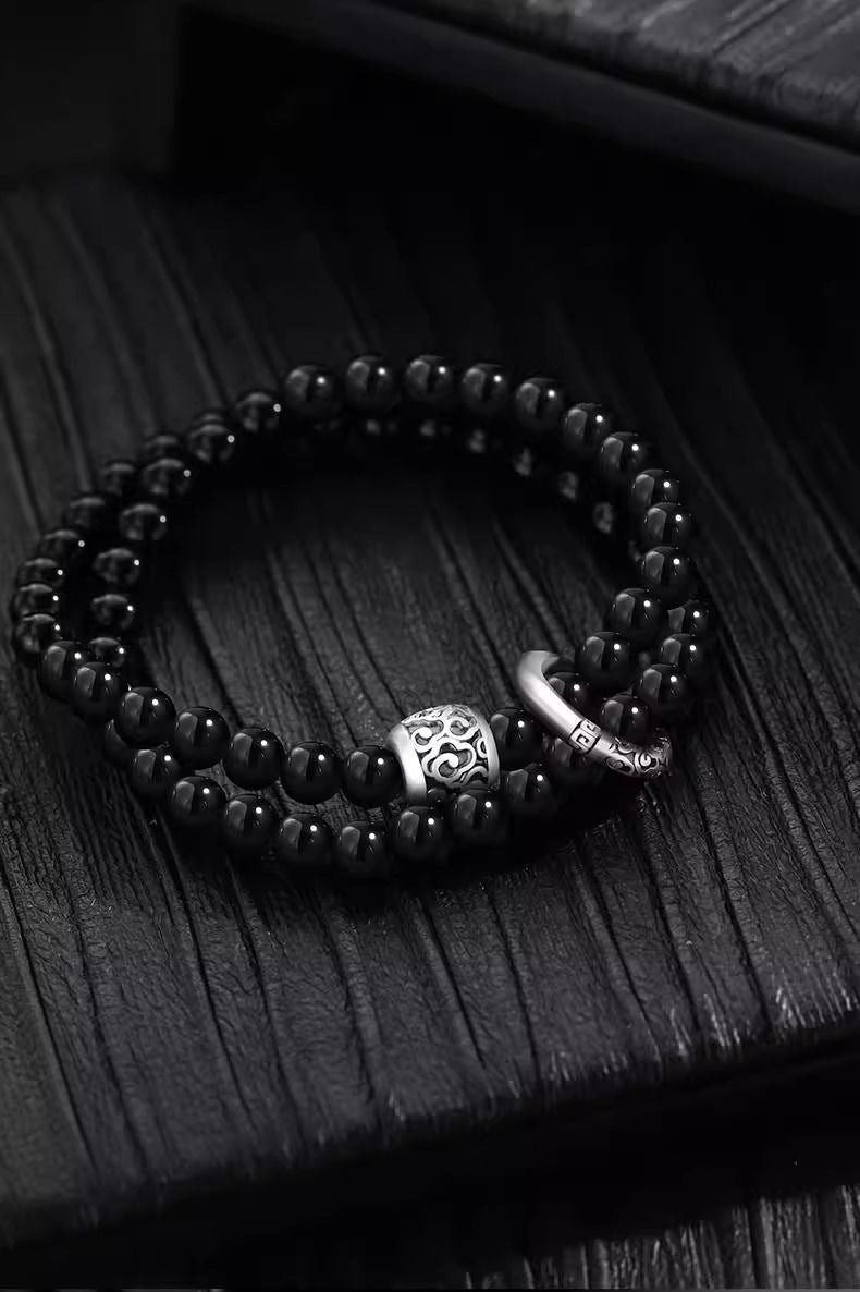 Pure Silver Qingyun Soaring Lucky Cloud Peace Buckle Double Layer Obsidian Trendy Cool High - End Bracelet - CN Heal Vibe