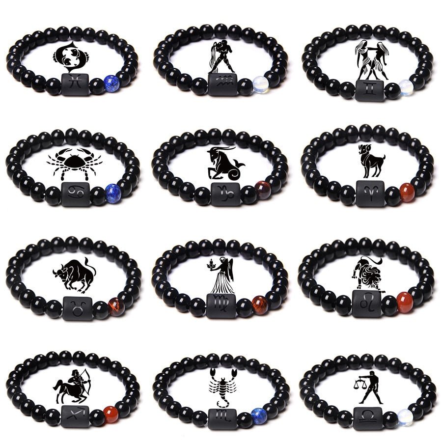 Twelve Zodiac Signs Men and Women Couple Yellow Tiger Eye Stone Beads Bracelet Zodiac Sign Black Agate Stone Bracelet - CN Heal Vibe