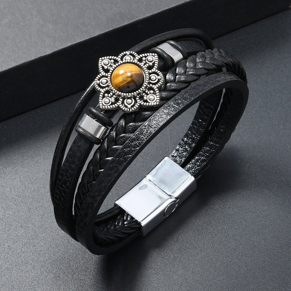 Vintage Style Alloy Flower Tiger Eye Stone Magnetic Clasp Multi - layer Leather Woven Men's Bracelet - CN Heal Vibe