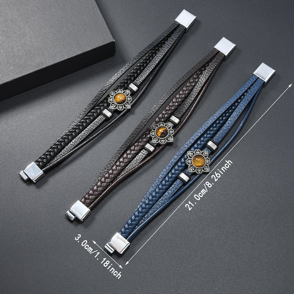 Vintage Style Alloy Flower Tiger Eye Stone Magnetic Clasp Multi - layer Leather Woven Men's Bracelet - CN Heal Vibe