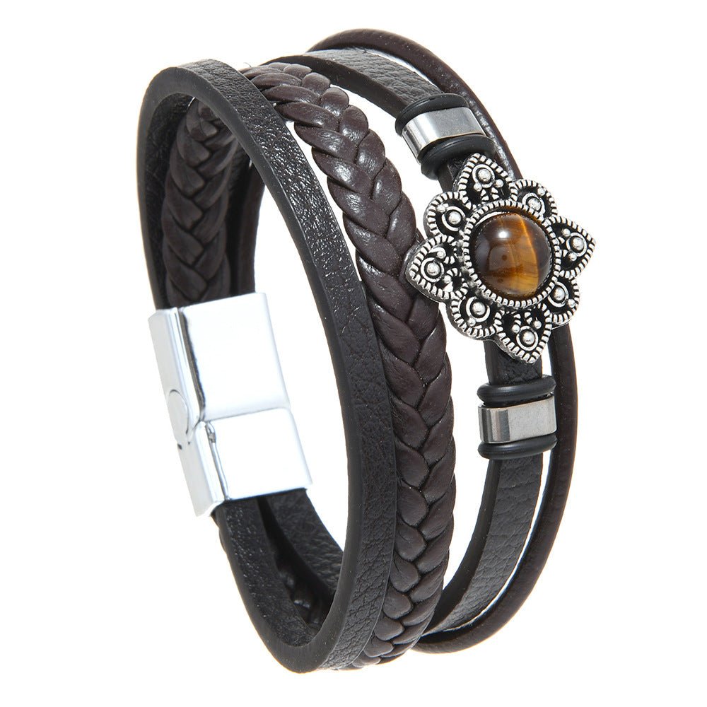 Vintage Style Alloy Flower Tiger Eye Stone Magnetic Clasp Multi - layer Leather Woven Men's Bracelet - CN Heal Vibe