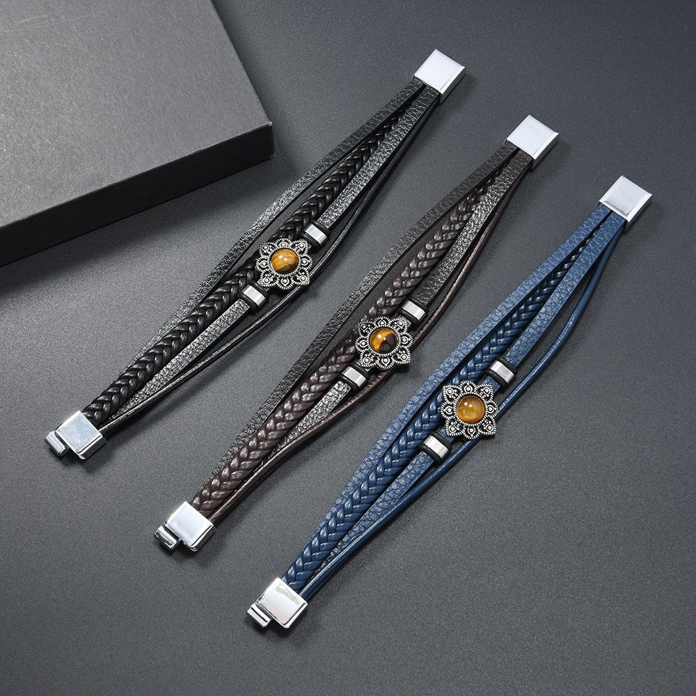 Vintage Style Alloy Flower Tiger Eye Stone Magnetic Clasp Multi - layer Leather Woven Men's Bracelet - CN Heal Vibe
