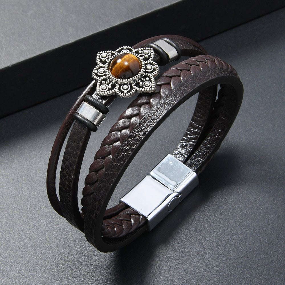 Vintage Style Alloy Flower Tiger Eye Stone Magnetic Clasp Multi - layer Leather Woven Men's Bracelet - CN Heal Vibe