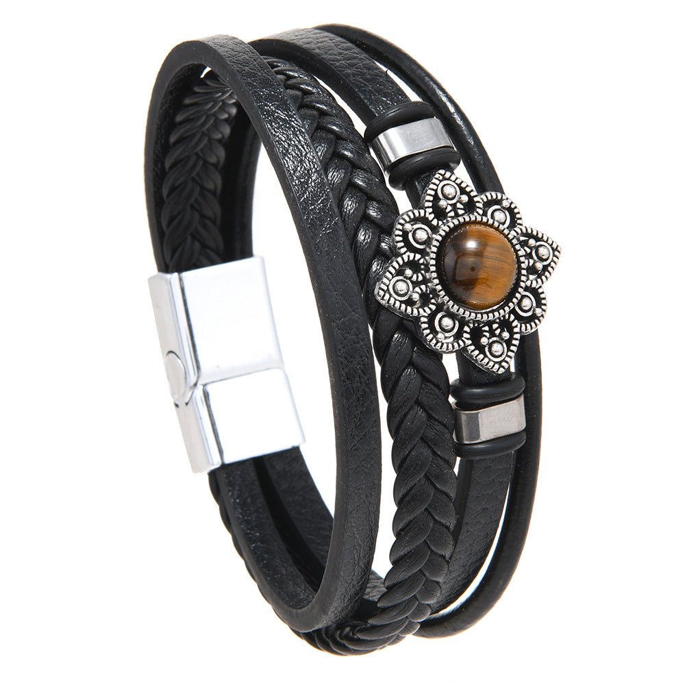 Vintage Style Alloy Flower Tiger Eye Stone Magnetic Clasp Multi - layer Leather Woven Men's Bracelet - CN Heal Vibe