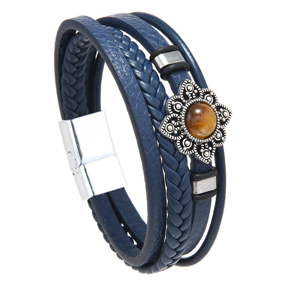 Vintage Style Alloy Flower Tiger Eye Stone Magnetic Clasp Multi - layer Leather Woven Men's Bracelet - CN Heal Vibe